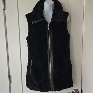 Dennis Basso Black Faux Fur Vest with Gold Zipper